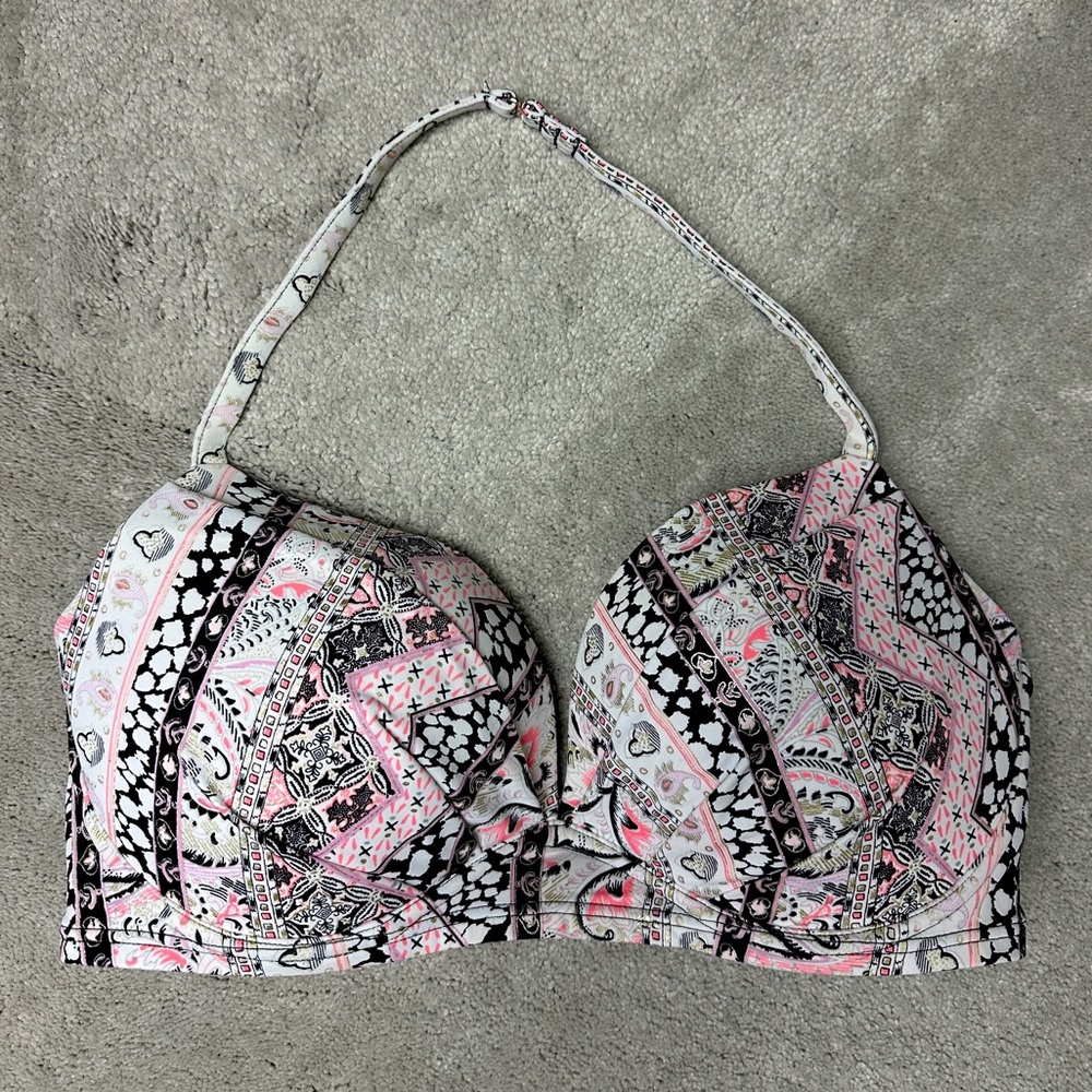VICTORIA’S SECRET SWIM PAISLEY WHITE HALTER BIKINI TOP VINTAGE PUSH-UP SIZE 38D